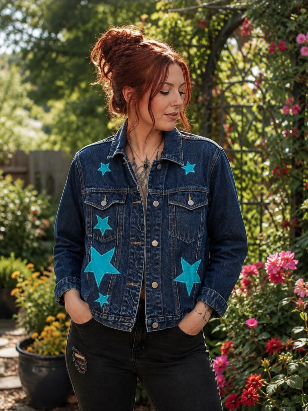 Evan Picone Blue Jean Jacket with Turquoise Stars